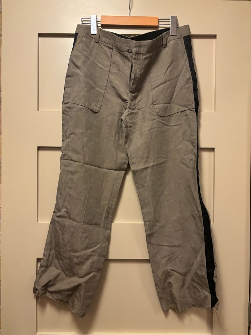 ZARA Fluid Trouser Low Slung Side Stripe Khaki Taupe Relaxed Straight Pant Raw